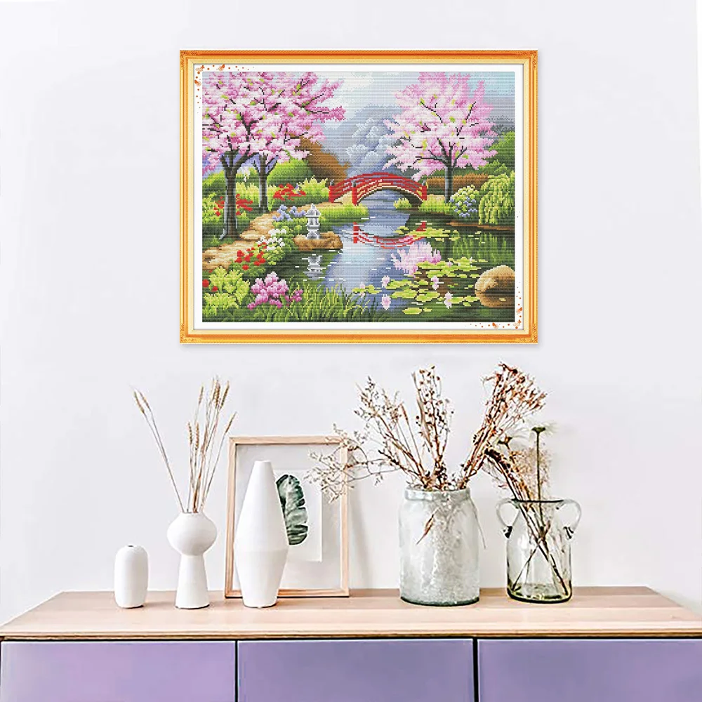 HUACAN Cross Stitch Embroidery Bridge Scenery Needlework Sets Tree Landscape Kits White Canvas DIY Home Decor 14CT 40x50cm