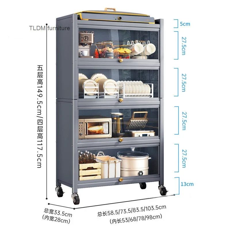 Modern Carbon Steel Kitchen Cabinets Home Storage Cabinet Multi-functional Multi-layer Microwave Oven Floor Rack with Flip Door