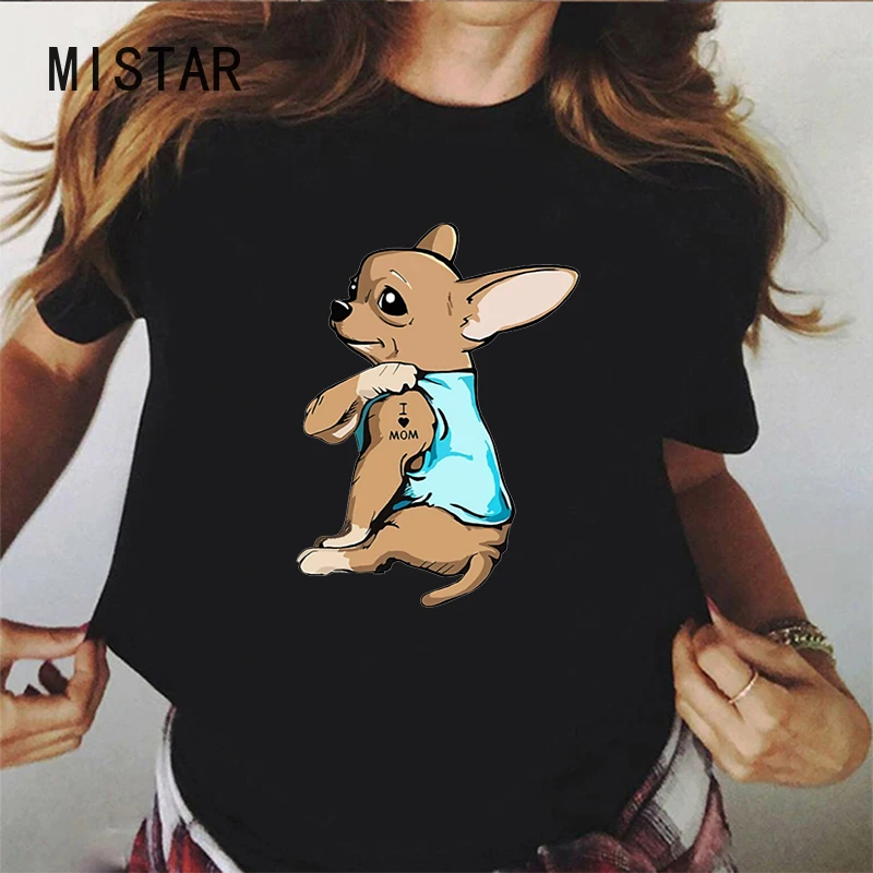 

Summer Short Sleeve T Shirt Graphic Tees Women Clothing Tattoo Chihuahua I Love Mom Kawaii Tee Tops Female Black Clothes