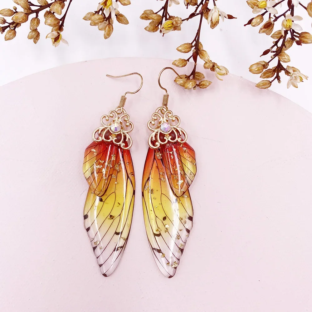 Fairy Rainbow Gradient Resin Butterfly Wing Rhinestone Glitter Earrings