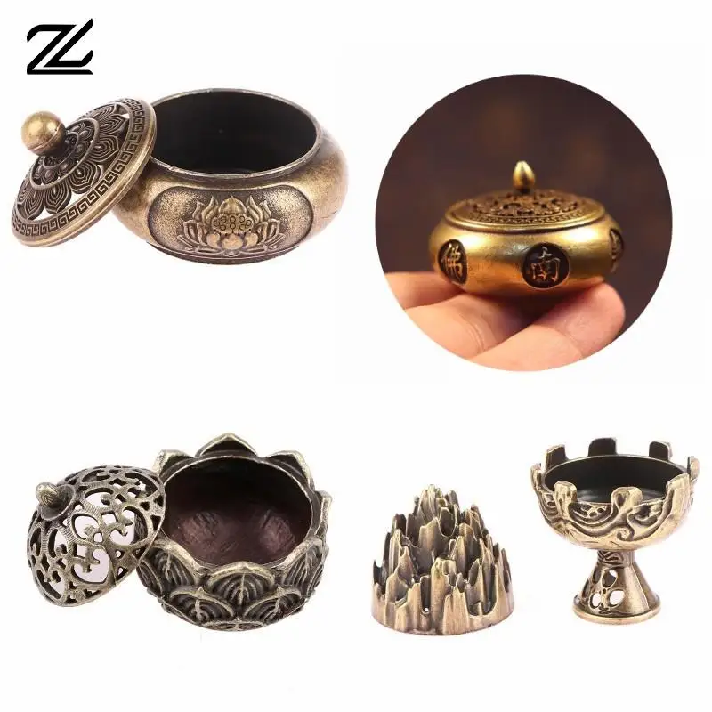

Retro Copper Small Lotus Mountain Hollow Out Incense Stick Burner Incense Holder With Cover Home Decoration Sandalwood Cense