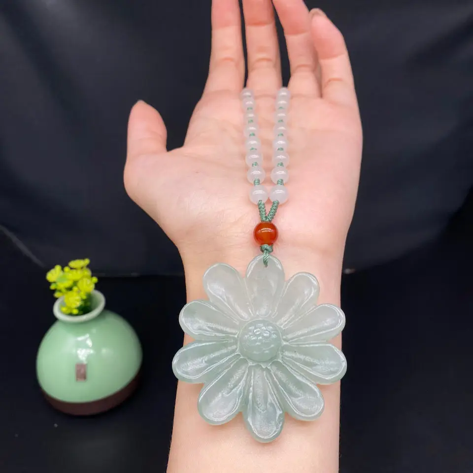 Tianshan Golden Silky Jade Necklace Flower Blooming Rich Lucky Ruyi Pendant Sweater Chain Exquisite Jewelry Accessories