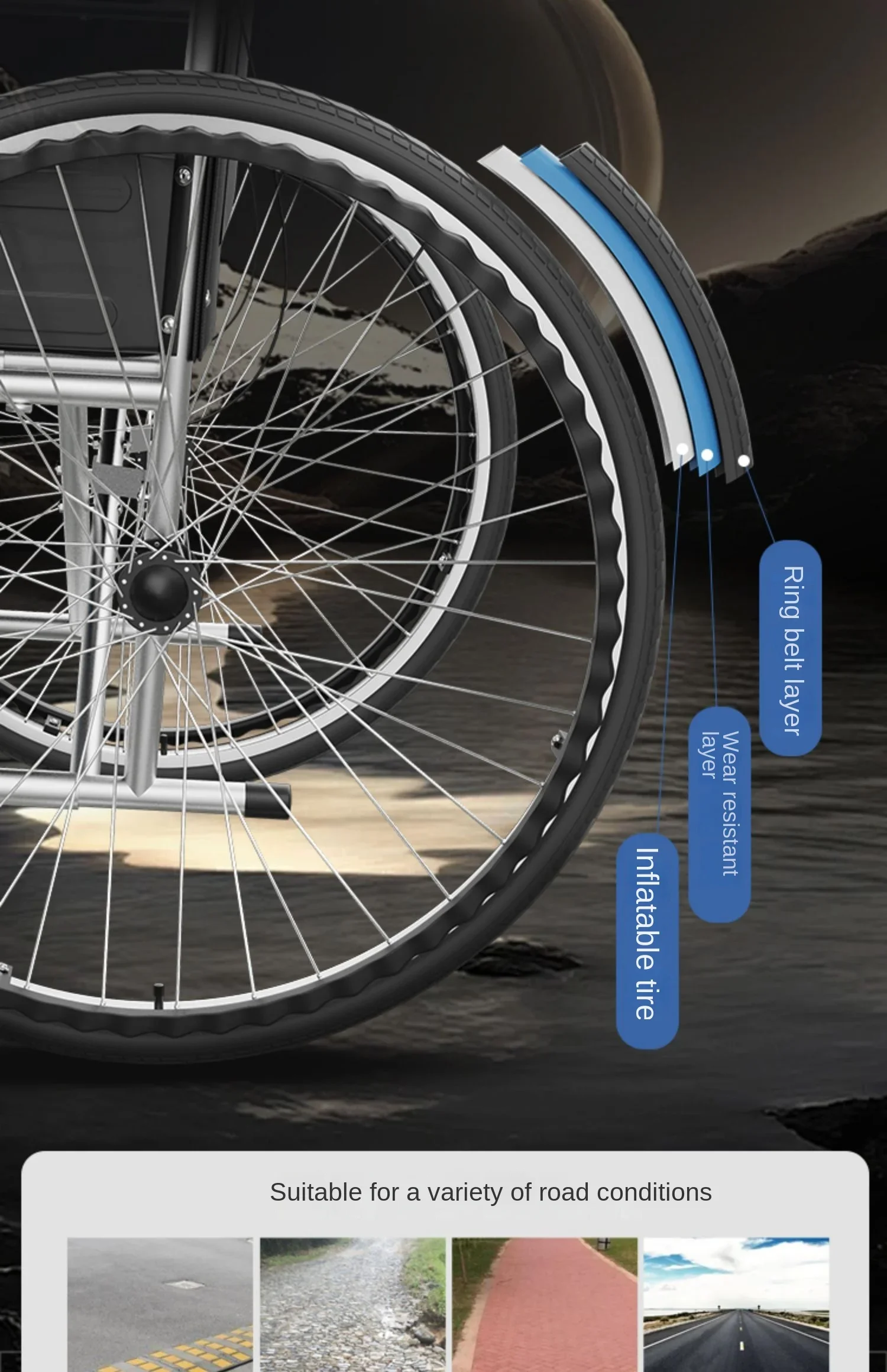 Inflatable tire wheelchair transportation trolley classic multi-function wheelchair accessories