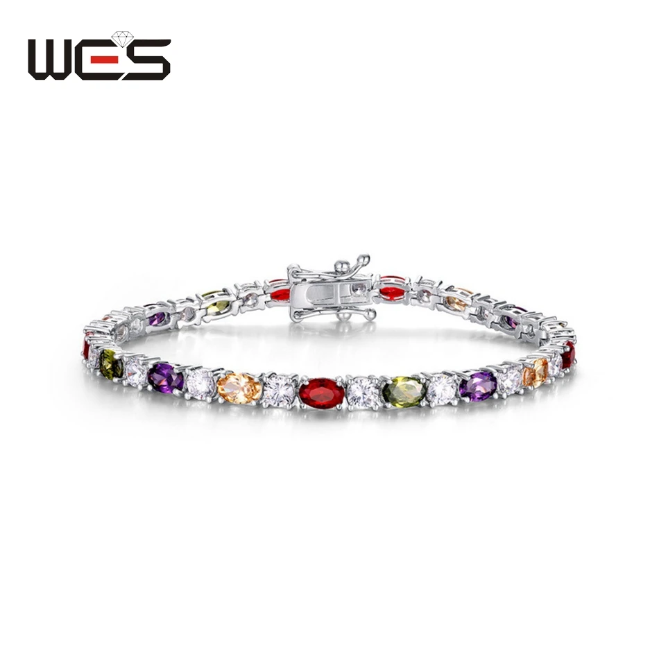 

WES 925 Sterling Silver Bracelet for Women Rainbow Colorful Zicron 4*6mm Birthday Gift Fine Jewelry Elegant Fashion Engagement