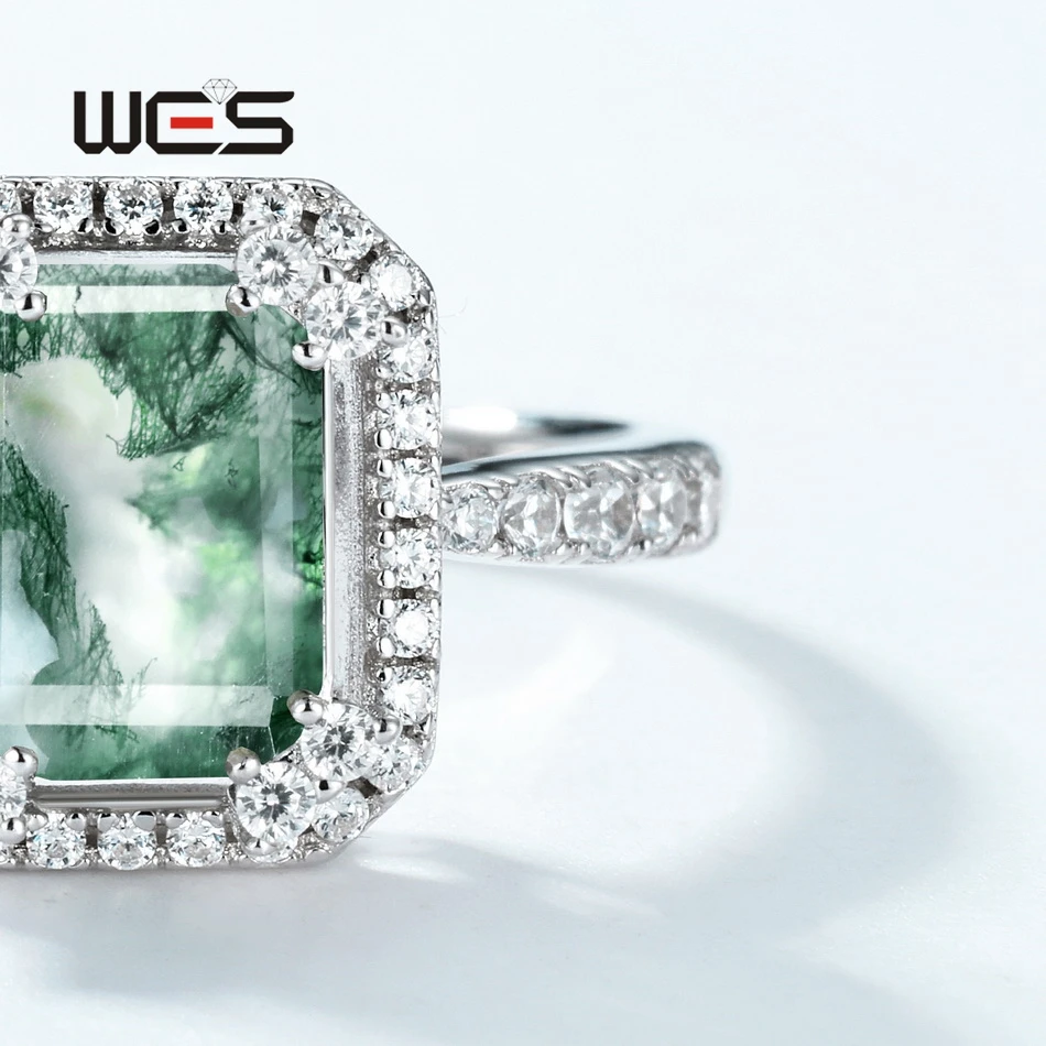 WES 925 Sterling Silver Geometric Natural 6*8mm Moss Agate Open Rings for Women Rhodium Plated Luxury Certified Jewelry Gifts