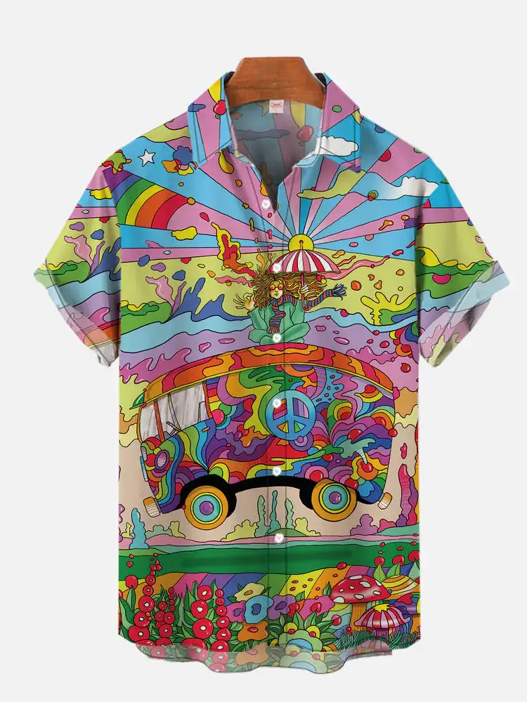 

European and American retro printed men's shirt Men's casual printed shirts Summer beach vacation shirt Men's lapel button shirt