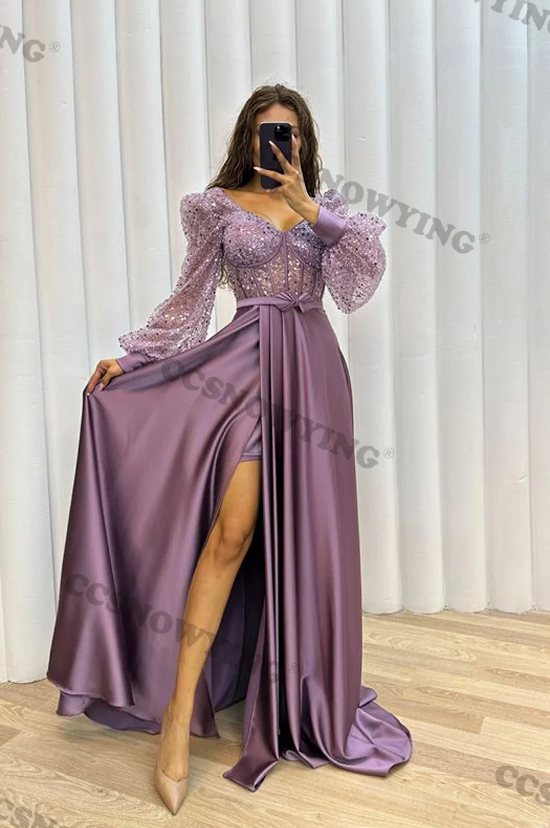 

Sexy High Slit Sequin Puffy Sleeve Double V Neck Satin Muslim Evening Dresses Formal Party Hijab Women Arabic Kaftan Robe