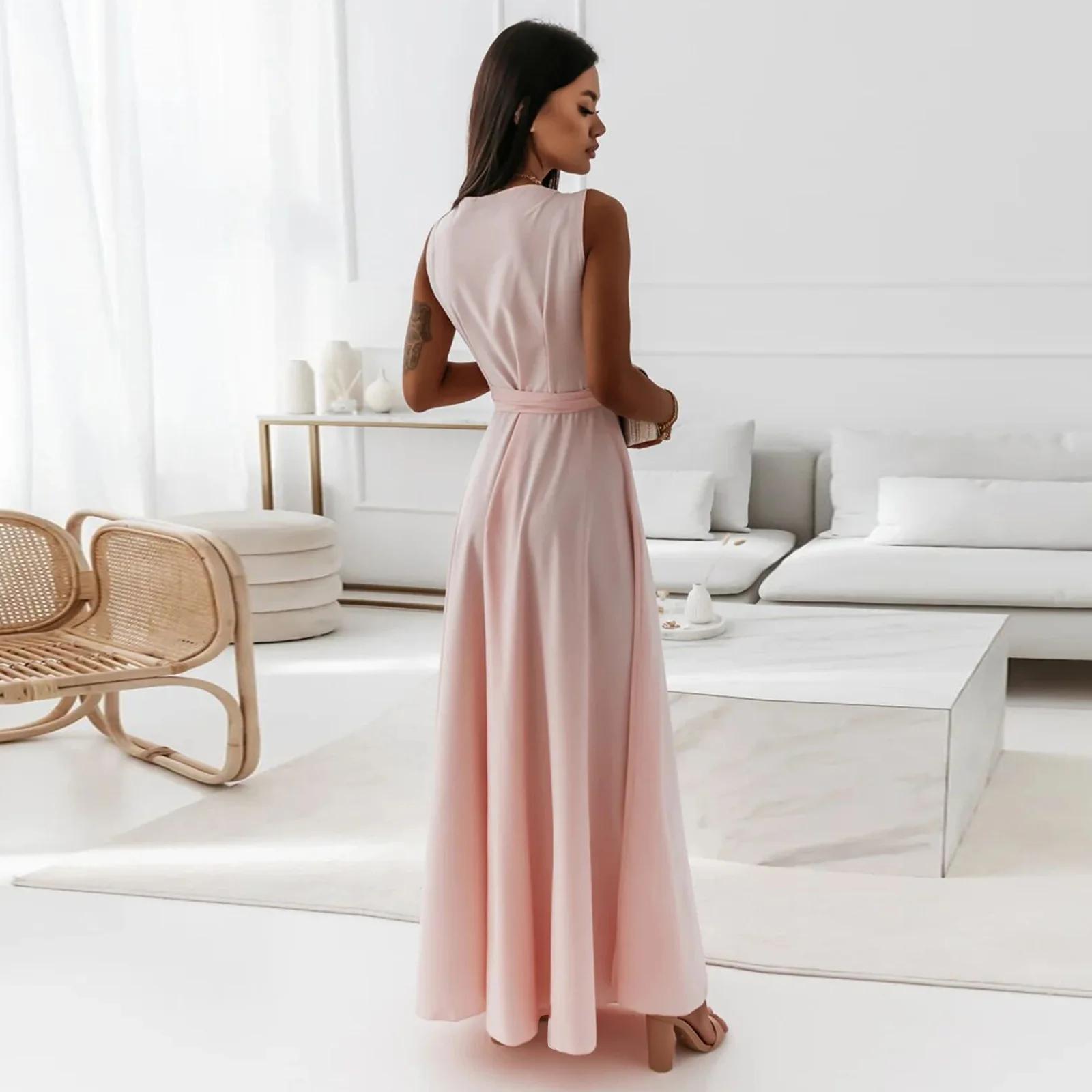 2025 Dresses For Women White Sleeveless Sexy Loose V Neck Solid Color Long Dresses Elegant Party Evening Robe Vestidos