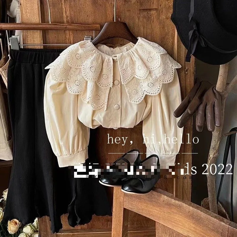 Children's Clothing Autumn Long sleeved Princess Top Girl's Lace Lace Lapel Beige Shirt Girls Blouse