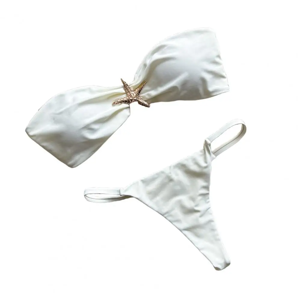 2Pcs/Set Bikini Set Strapless Bandeau Starfish Decoration Bikini Bra Low-rise Briefs Set Solid Color Vacation Spa Swimming Suit