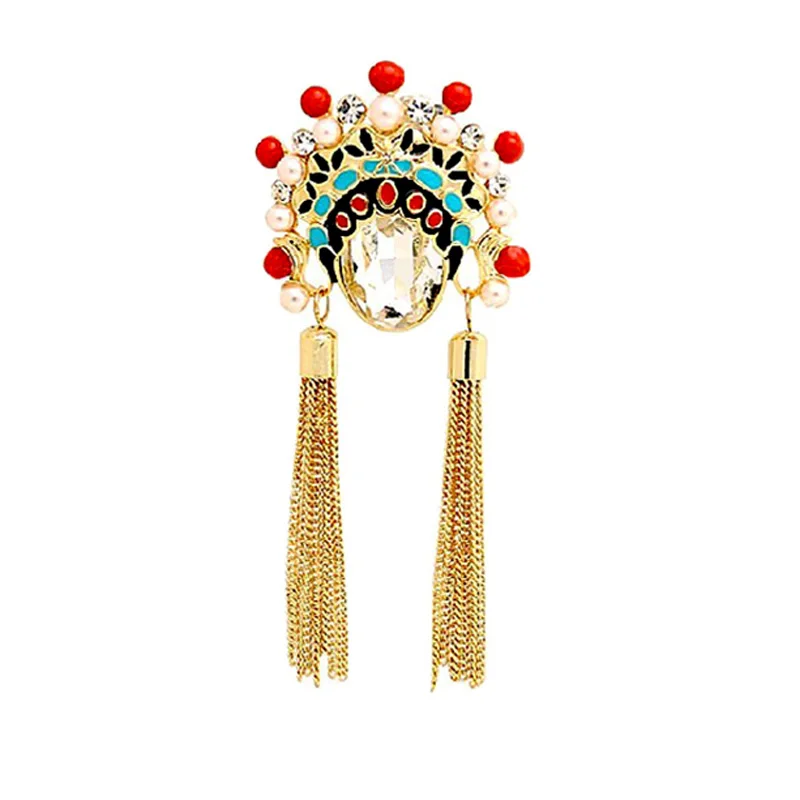 

Chinese Style Peking Opera Mask Crown Brooches For Women Wedding Bride Brooch Jewelry With Crystal Faux Pearl Tassel Chain
