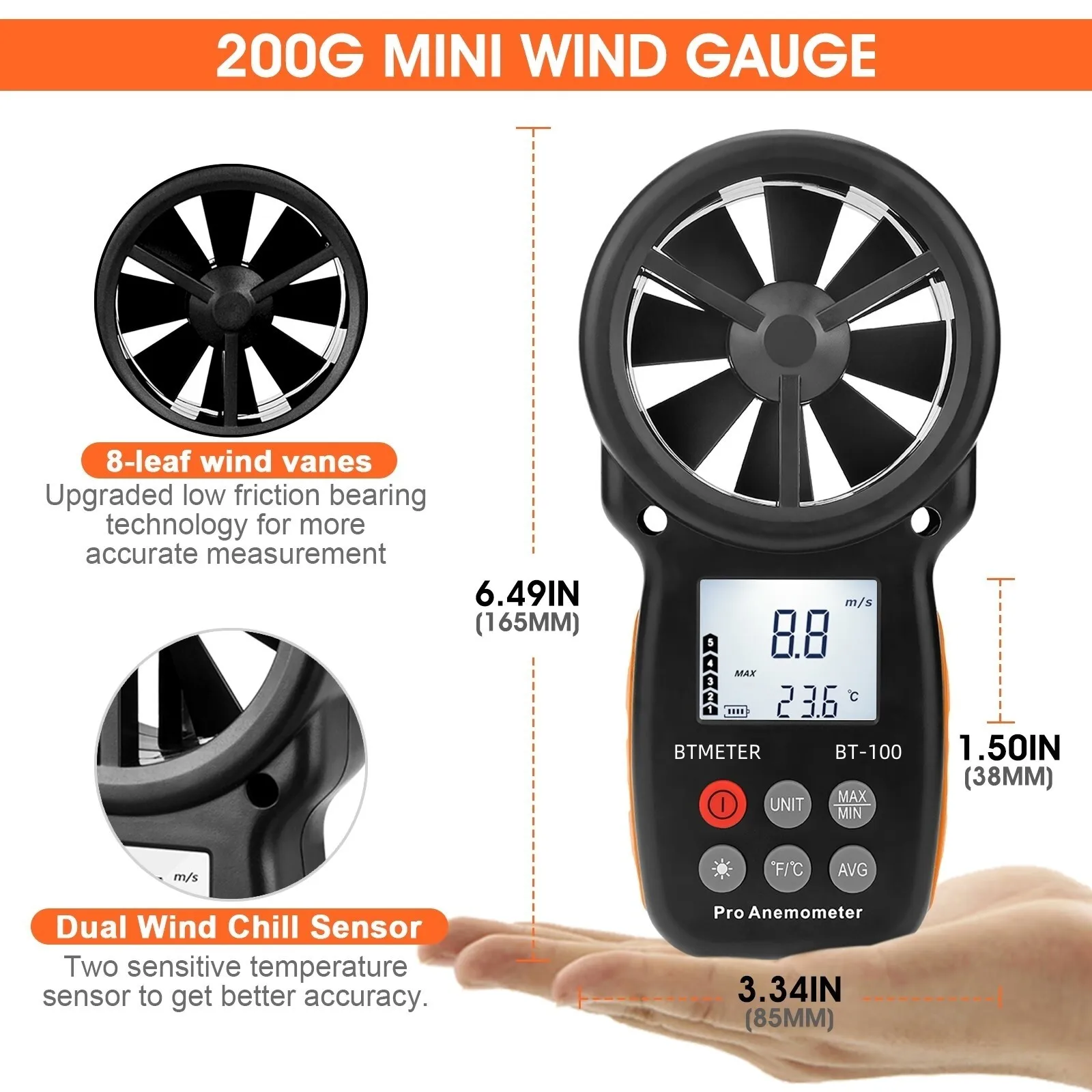 Digitale Handheld Anemometer Windmesser Temperatur Messgerät 0.3-30m/s Windgeschwindigkeit Backlit MAX/MIN/Strömung für Outdoor - 2