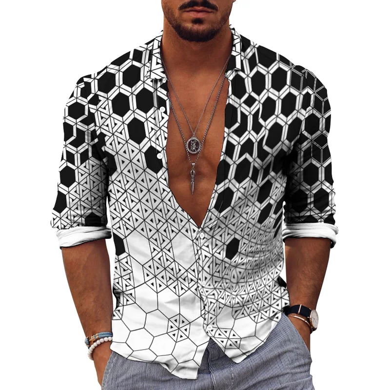 Spring Autumn 3D Print Dot Gradient Top Fashion Party Wear Cardigan Single Breasted Casual Daily Men's Lapel Long Sleeve Shirt