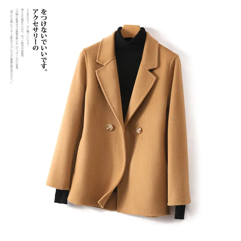 

Double sided woolen coat for women, spring autumn suit collar small stature cashmere jacket , short slim fit small suit