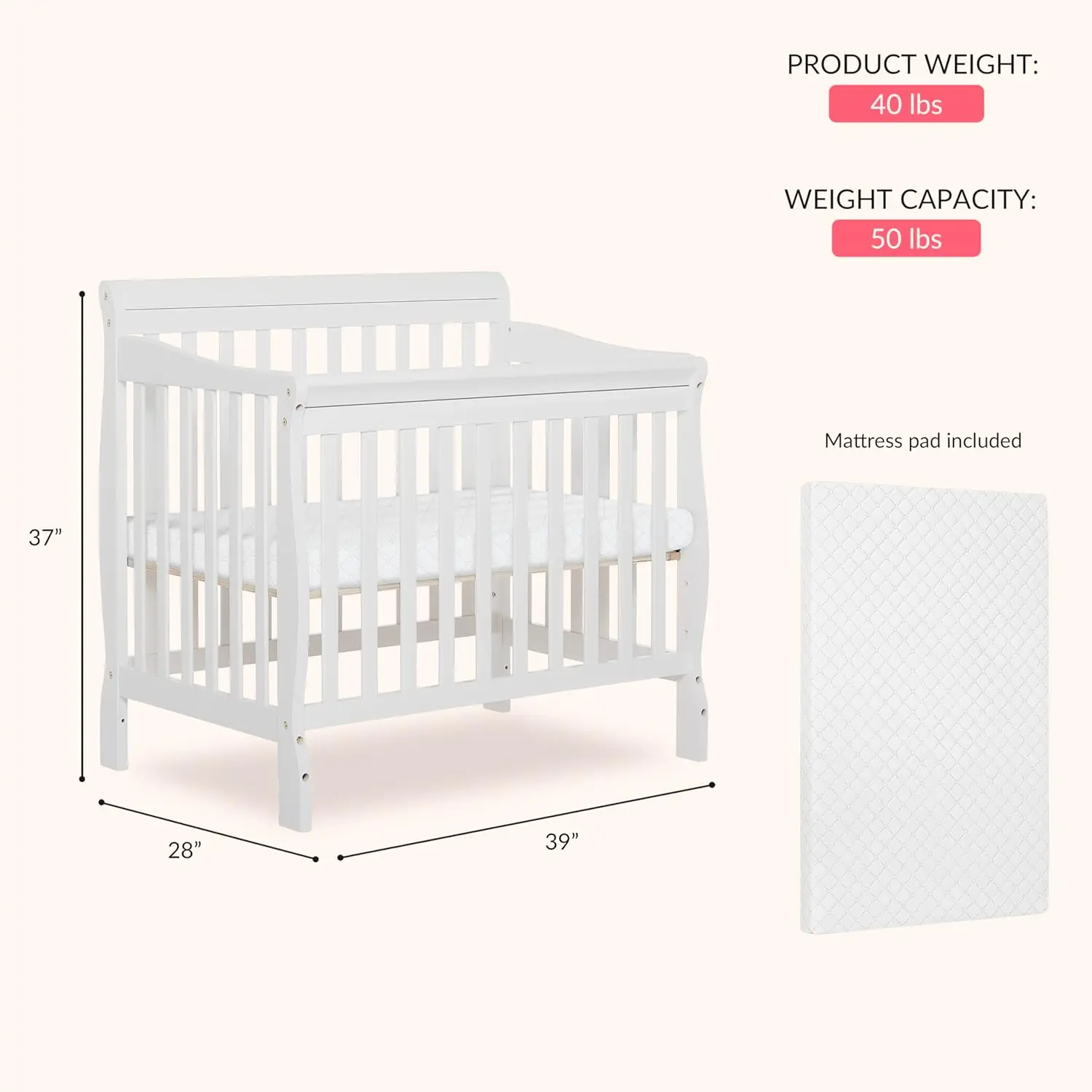 Aden 4-in-1 Convertible Mini Baby Crib in White, GreenGuard Gold & JPMA, Sustainable Pinewood, Non-Toxic Finish, 3 Mattress