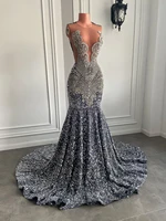 Sexy Long Sparkly Prom Dresses 2026 Sheer O-neck Luxury Silver Crystals Diamond Sequin Mermaid Black Girl Prom Party Gowns - Image 5