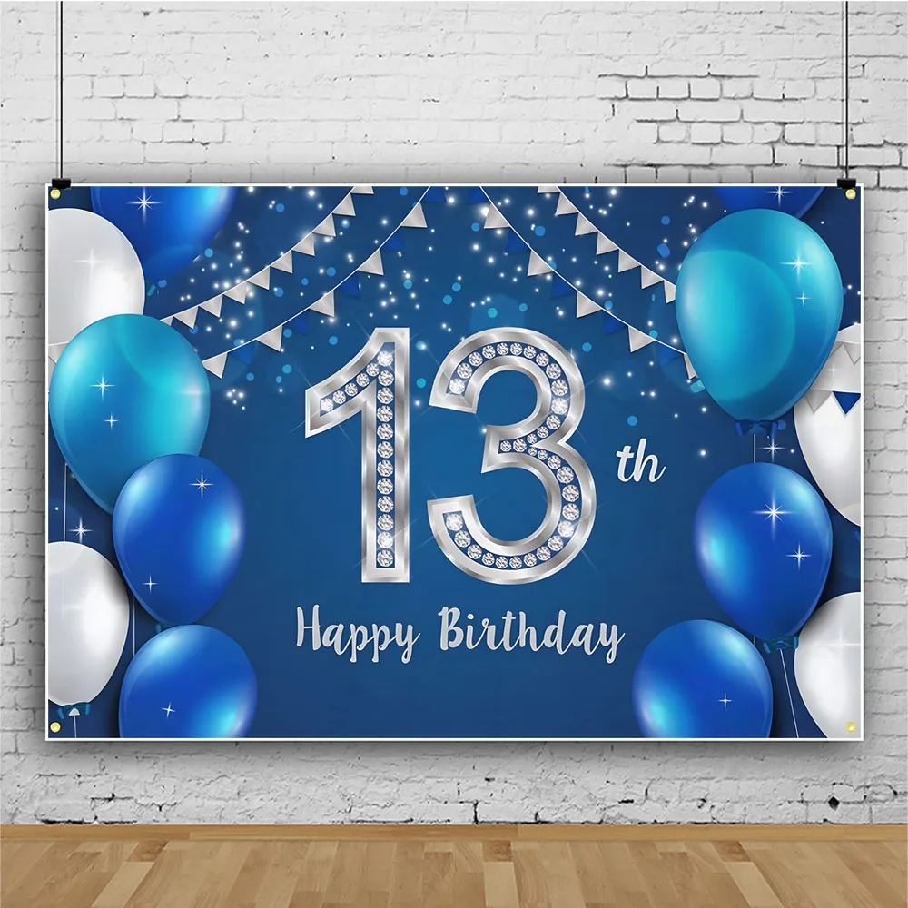 Happy 13th Birthday Hintergrund-Banner, 185x90 Cm – Blaues Teenager-Design Mit Kronen & Konfetti