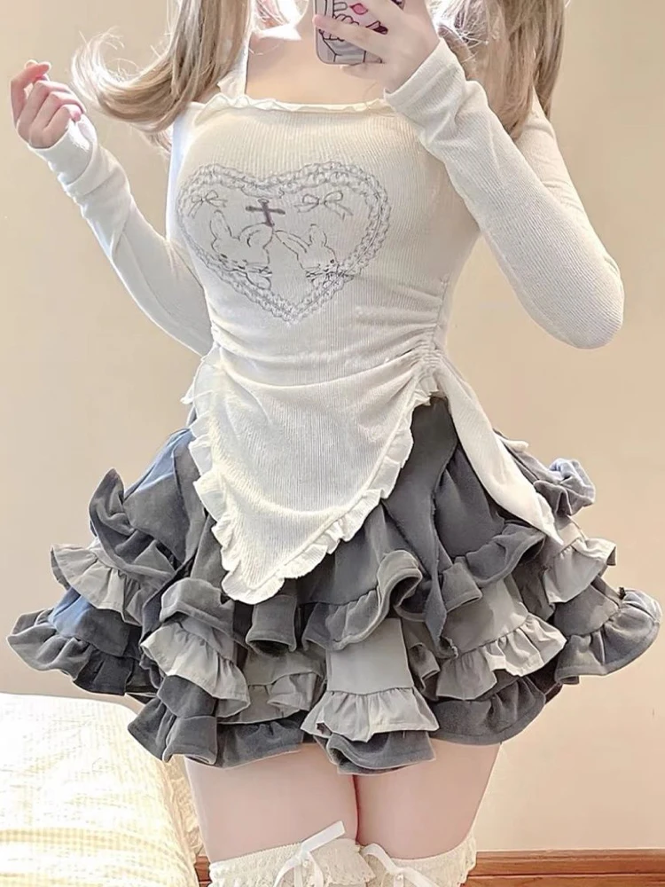 Saashi Women's Kawaii Lolita Ruffles Layered High Waist White Pleated Mini Skirt