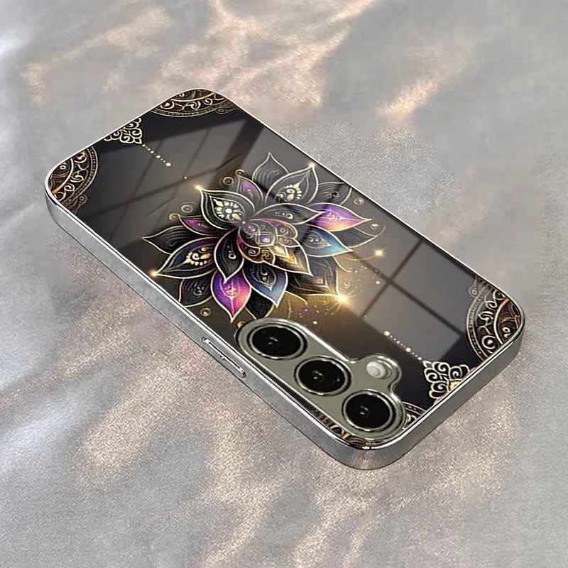 Mandala Lotus Pattern Electroplate Silver Phone Case with Tempered Glass Cover