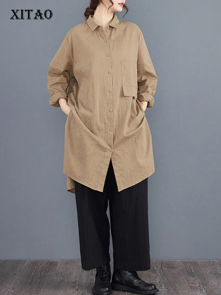 

XITAO женская рубашка с отложным воротником и карманом в стиле пэчворк, однобортный однотонный свободный топ с длинными рукавами, новинка зимы 2023, WLD20088