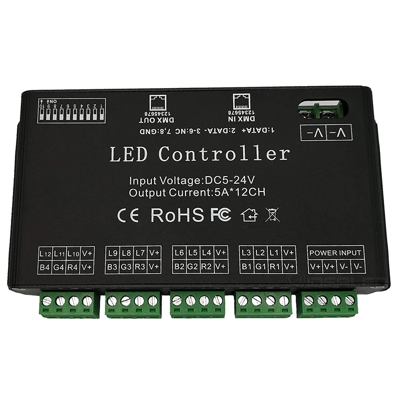 ABKN-12 채널 DMX 디코더 RGB LED 컨트롤러 60A PWM DMX512 디머 드라이버 (RGB LED 스트립 및 LED 모듈 조명용) DC12V-24V