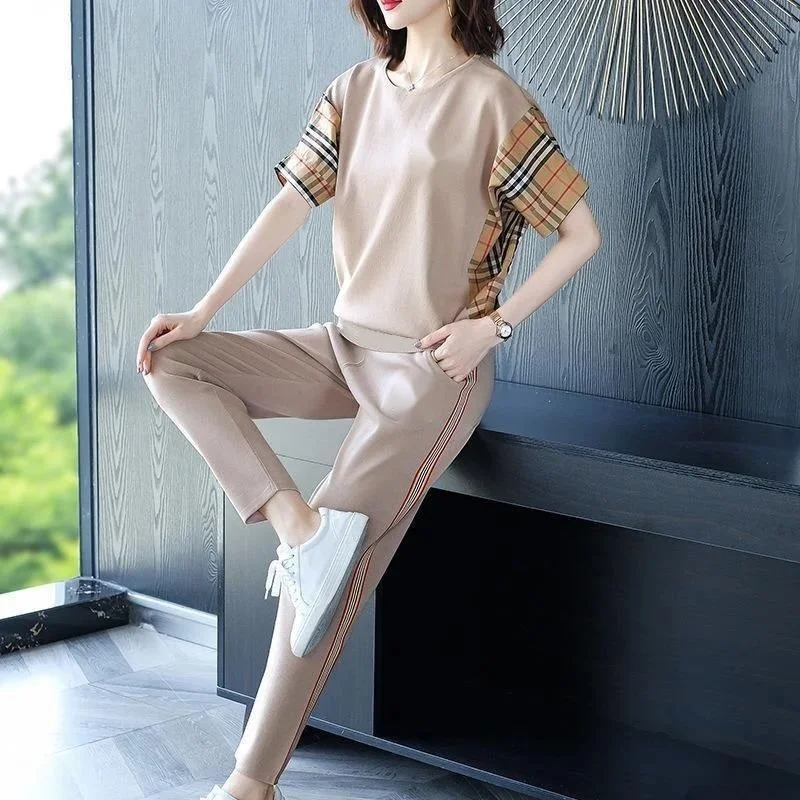 

Women's Tracksuit 2024 Spring And Summer New Fashion Splicing Colour Casual Sports Suit Short Sleeve Tops Pants 2 Two Piece Set