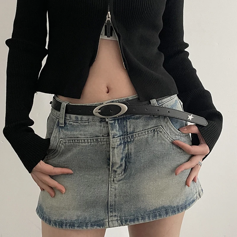 

New Faux Leather Belt For Women Designer Star Alloy Buckle Waist Strap Y2K Student Female Girl Jeans Decoration Waistband