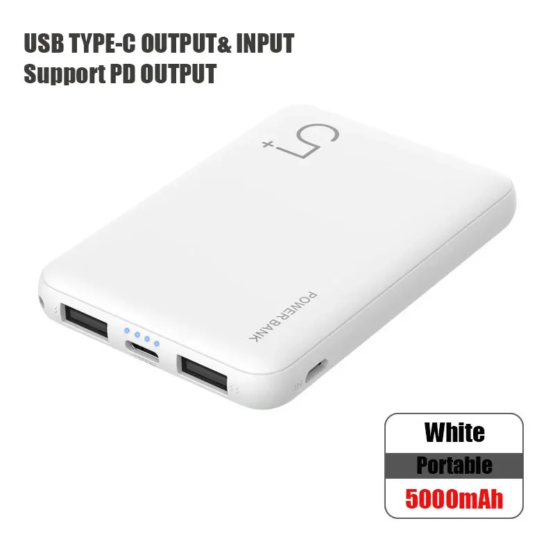 Banque d'alimentation Ultra-mince Portable 5000mAh avec Double sortie USB TYPE C charge rapide pour iPhone 14 13 12 8 Xiaomi Huawei