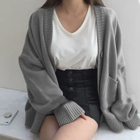 2023 Autumn Women's Sweater Fashion V-neck Vintage Knitted Cardigan Korean Loose Solid Sweaters Female 7