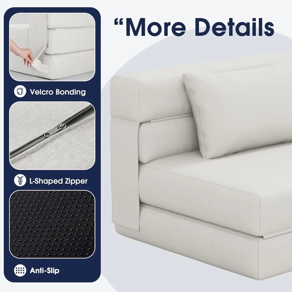 4 in 1 foldable sofa bed, modern folding sleep chair with back cushion, convertible chair sleeper, beige