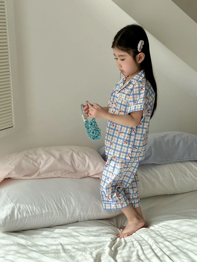 Children's Pajamas Summer 1-8Y Home Clothing Set Thin Pure Cotton Boys Lapel Top Pants 2Pcs Suit Girls Cartoon Printed Sleepwear