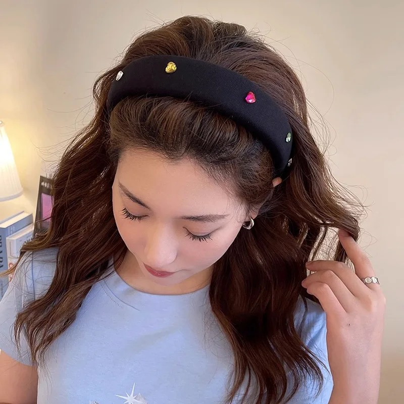 Korean Retro French Velvet Colorful Crystal Headband for Women Vintage Party Autumn Winter Hair Accessories