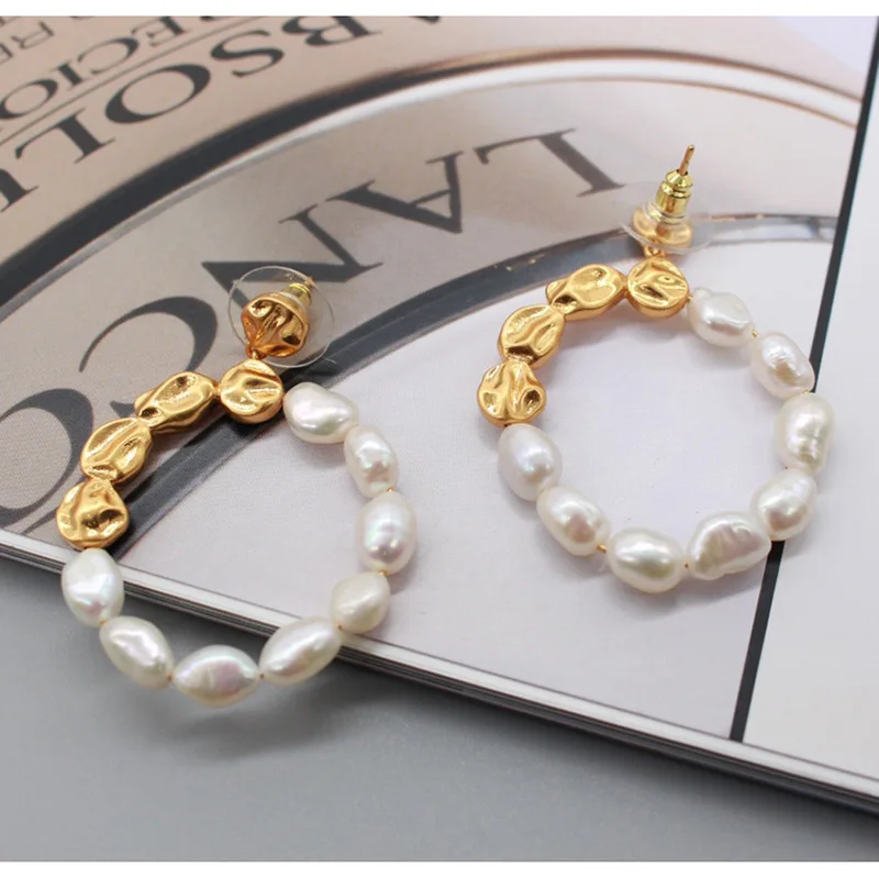 

LONDANY earrings French Brass Earrings for Women INS Cool Style Natural Shaped Pearl Ring Simple Earrings