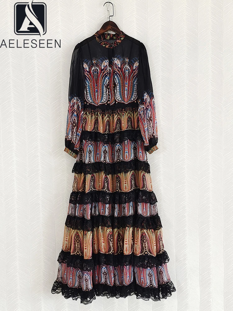 

AELESEEN Fashion Designer Long Dress Women Autumn Stand Collar Full Sleeve Mesh Retro Flower Print Ethnic Elegant Party Holiday