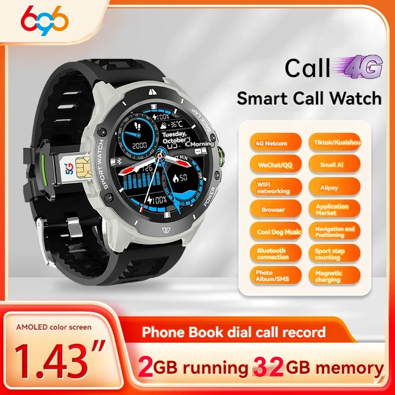 

4G Call Smart Watch Men Women 1.43" AMOLED Screen GPS WIFI SIM Card Smartwatch 2G RAM 32G ROM Heart Rate Camera Sports Music NFC