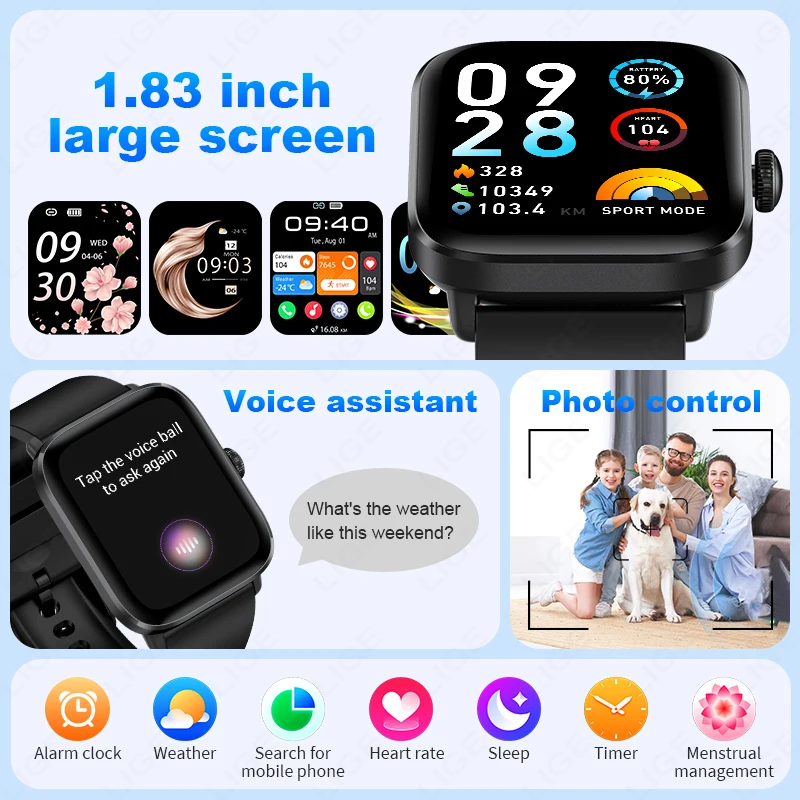 LIGE Men Smart Watch 1.83”Full Touch Screen Heart Rate Bracelet Sports Fitness Tracker Ladies Smartwatch For Android IOS +Gift
