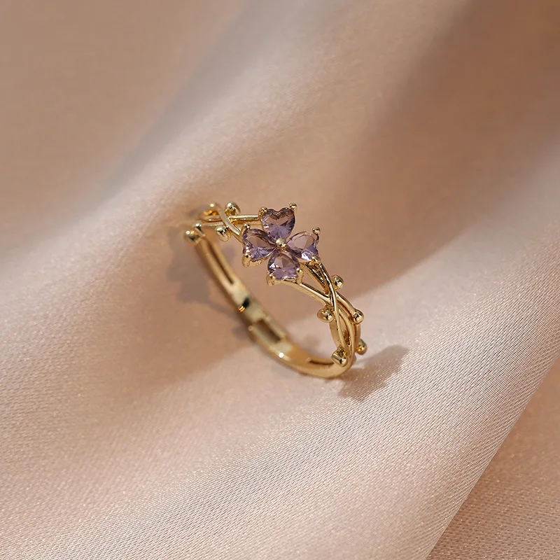 Purple Zircon Flower Index Finger Rings For Women Gold Color Adjustable Charm Wedding Bands Girls Bar Party Jewelry Gifts CZ