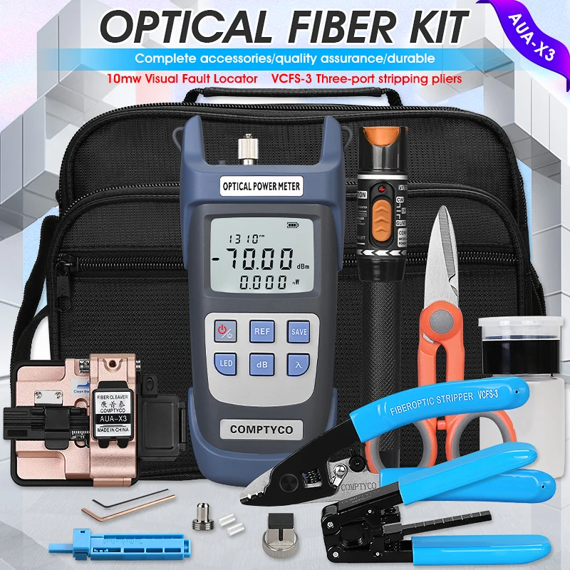 

FTTH Fiber Optic Cold Splicing Kit Set Three-Port Nomiller Pliers AUA-X3 Cutting Knife Red Light Pen Optical Power Meter