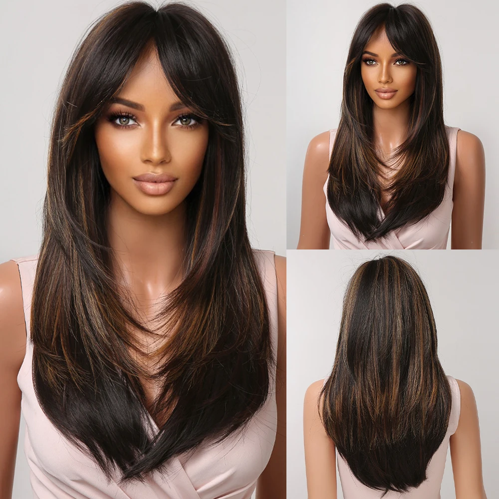 Image of Long layered hair with blunt bangs and a middle part