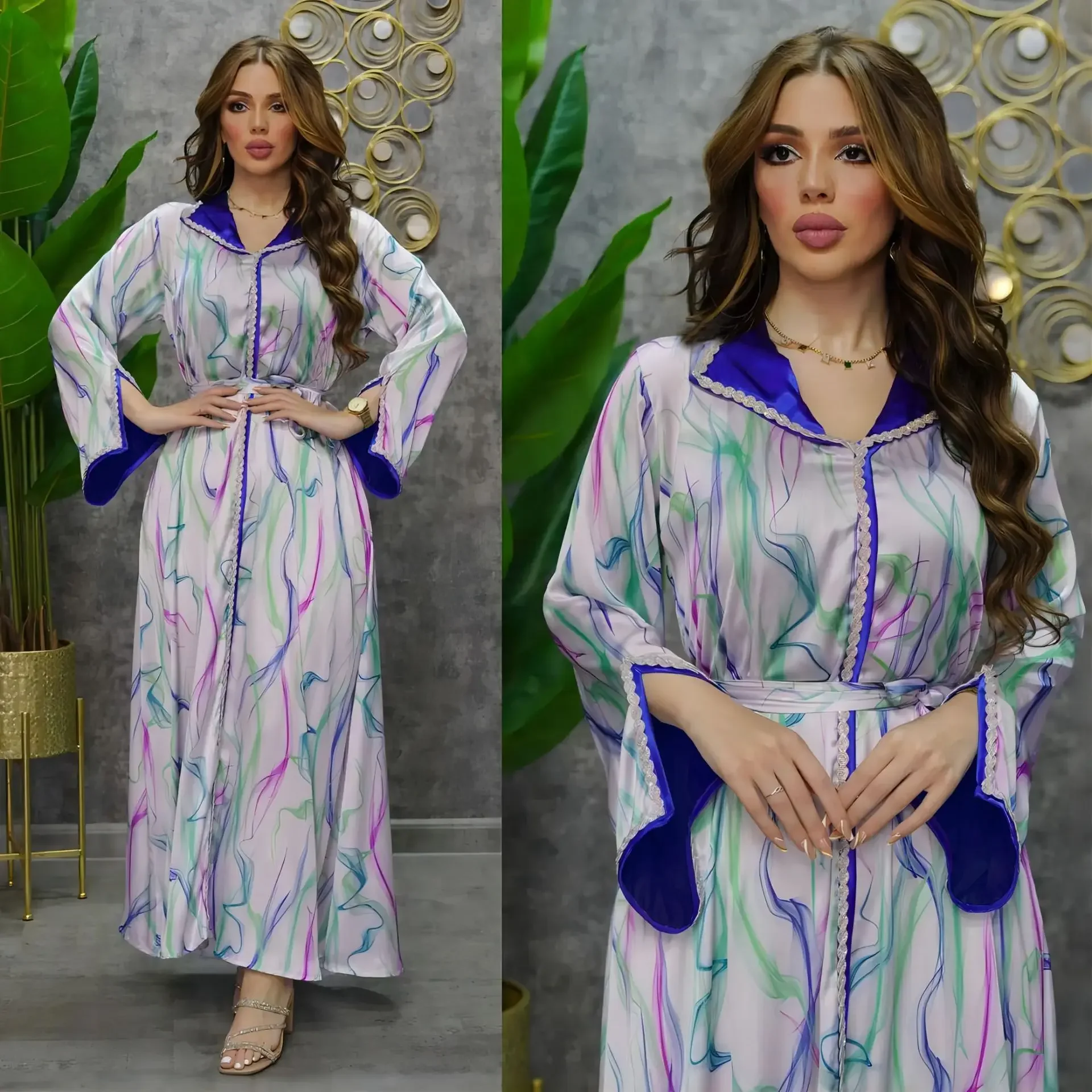 Women Abaya Muslim Fashion Printing Luxury Diamonds Belted Dress Turn-down Collar Long Dresses Ramadan Jalabiyat 2023