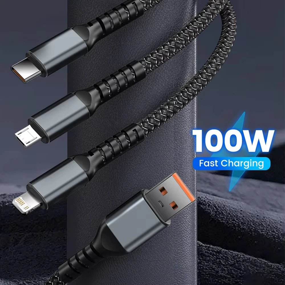 NNBILI 100W 고속 충전 케이블 멀티 충전기 케이블 브레이드형 다중 USB 범용 3in1 충전 코드 어댑터(타입-C 마이크로 포함)