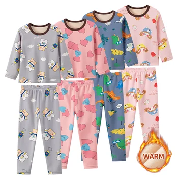 2-piece winter plus velvet children's cute printed pattern long-sleeved trousers for boys and girls Joker pajamas home service s