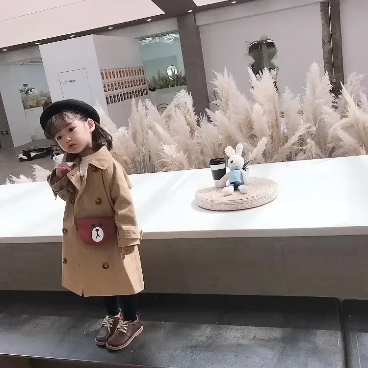 여아 바람막이 중소형 용수철 의류, 더블 브레스트 캐주얼 코트, 중형 및 긴 어..
