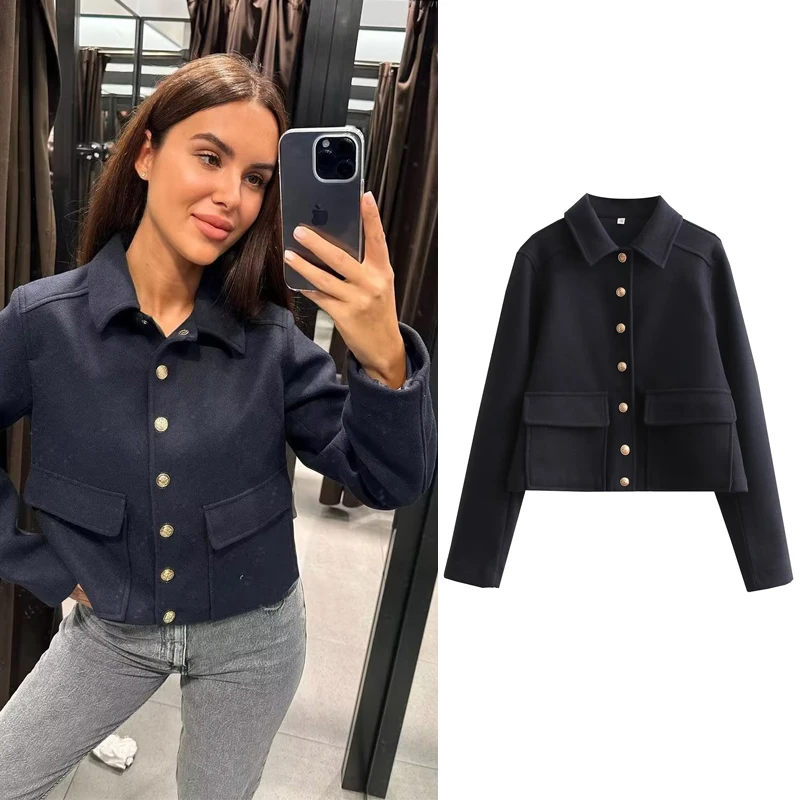 

Y2K TRAF Jackets for Women 2024 Autumn Casual Big Pockets Coats Female Chic Metal Single-breasted Jacket Ladies New Outerwear