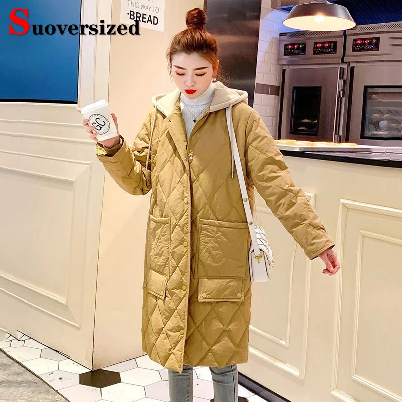 

Spring Fall Mid-length Hooded Cotton Padded Jackets Oversized 85kg Loose Lightweight Warm Parkas Korean Women Thicken Chaquetas