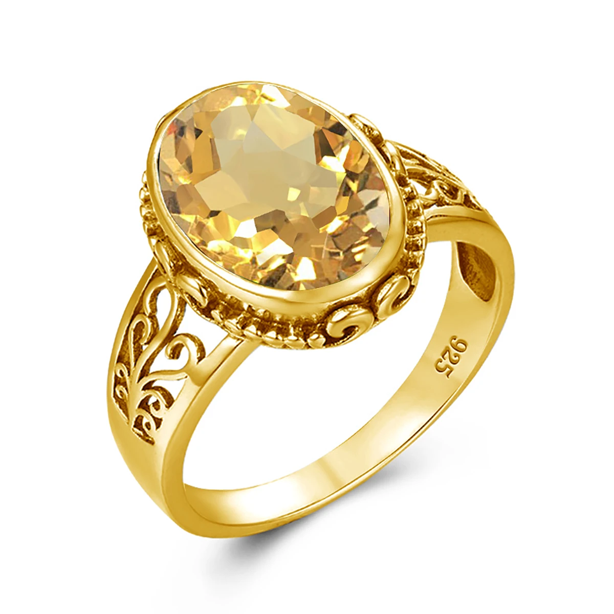 Yellow Gold Citrine Ring For Women 10*14mm Oval Cut Stone Art Deco 