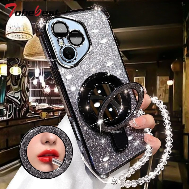 Glitter Plating Mirror Phone Case with Magnetic Holder and Bracelet Cover