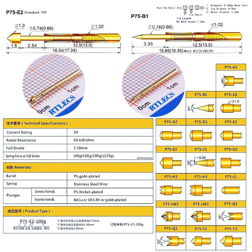 100 Stück federbelastete blanke PCB-Prüfspitze P75 R75-Buchse Serie Pogo Pin vergoldet Strom bewertet 3 A 1,91 mm Rastermaß Durchmesser 1,02 mm – Detail 1