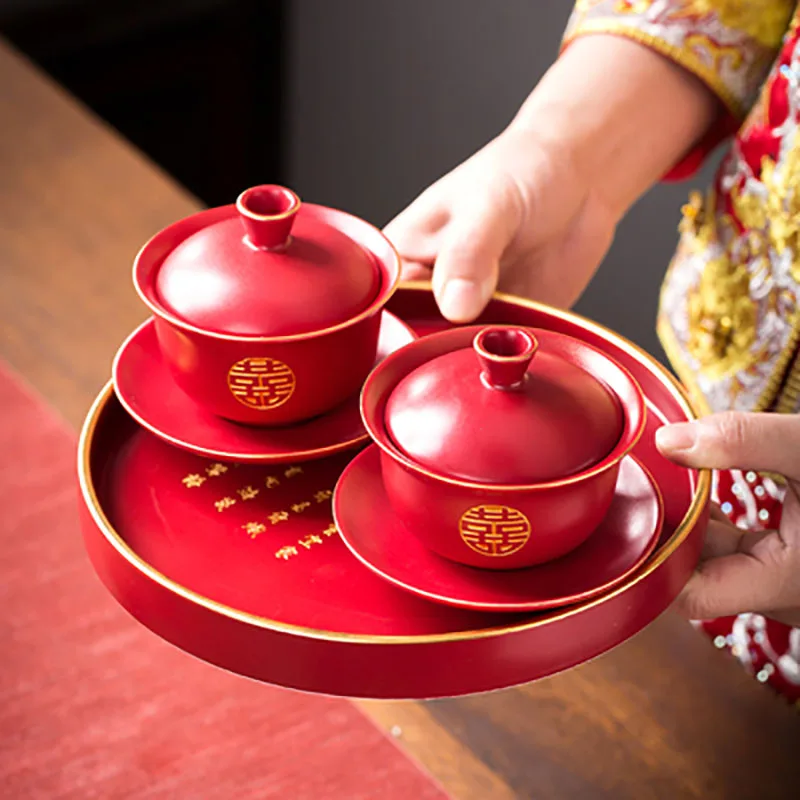 Chinese Style Double Happiness Porcelain Tea Set, Teapot and Cups, Gaiwan with Saucer Tray, Red Ceremony Set, Wedding Celebrat