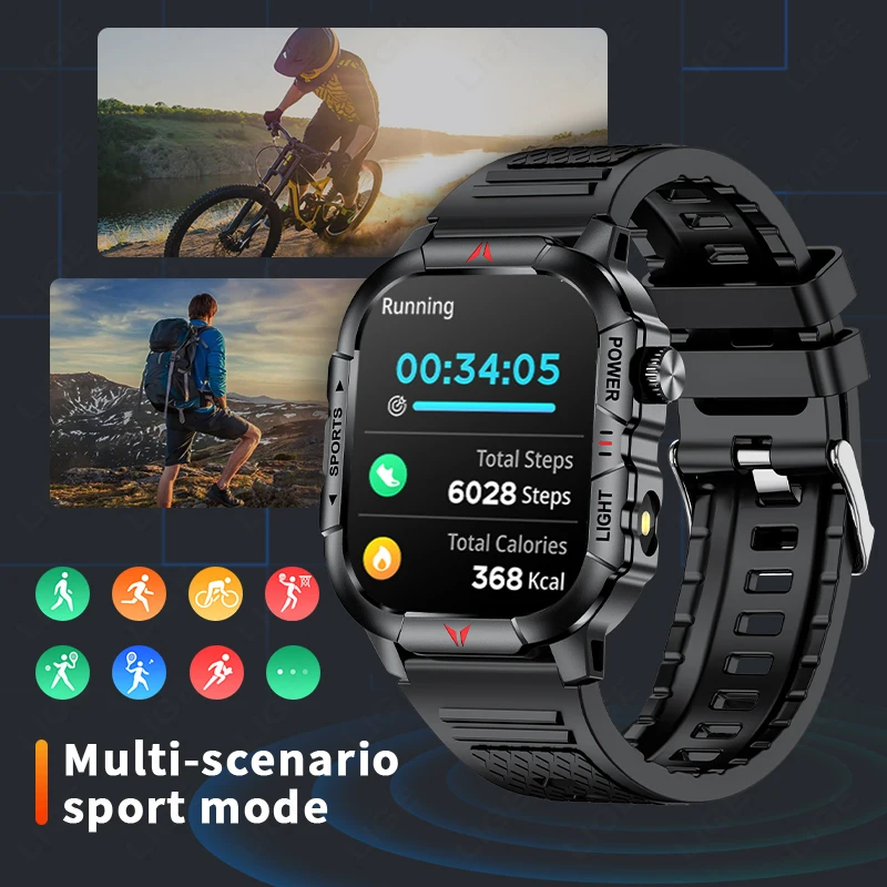 LIGE LED Flashlight Men Smart Watch Waterproof Watches 2.01-inch HD Screen Health Bracelet Military Outdoor Sport Smartwatch Man